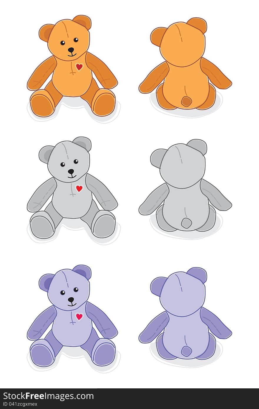 Three different sitting teddy bears