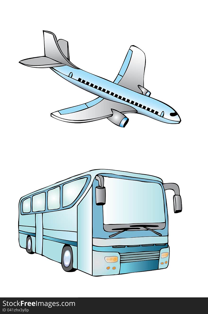 Illustration includes plane and bus. Illustration includes plane and bus