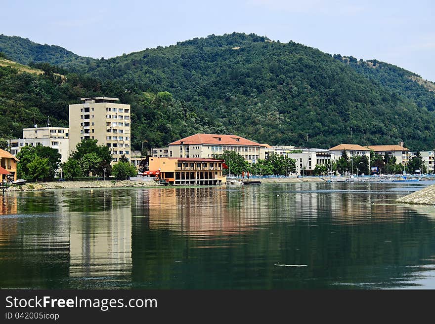 Reflection of a part of Orsova, in Danube water, Romania