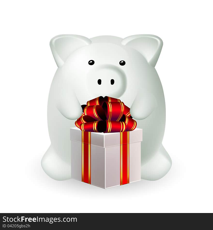 Piggy bank with gift the decorated red bow