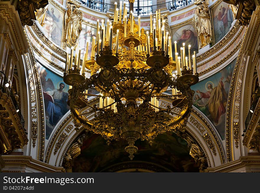 Gold chandelier in the old church