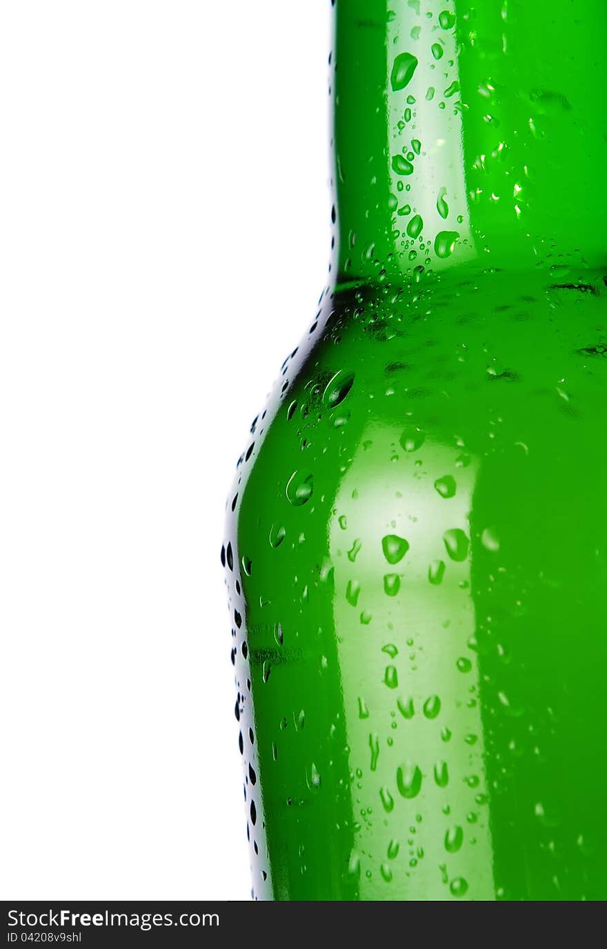 Close up of cold beer bottle with copy space