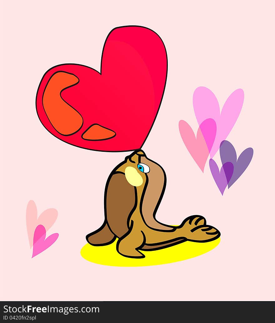 Illustration of a seal with a heart shape ball. Illustration of a seal with a heart shape ball