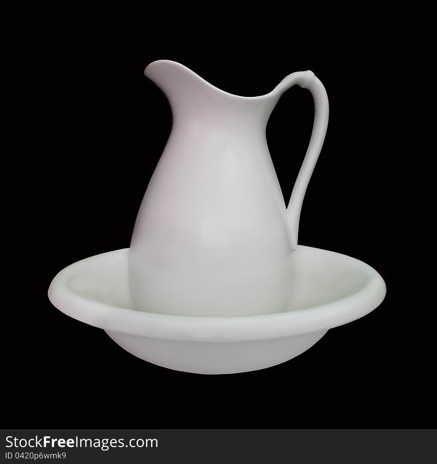 White bowl and pitcher set isolated.