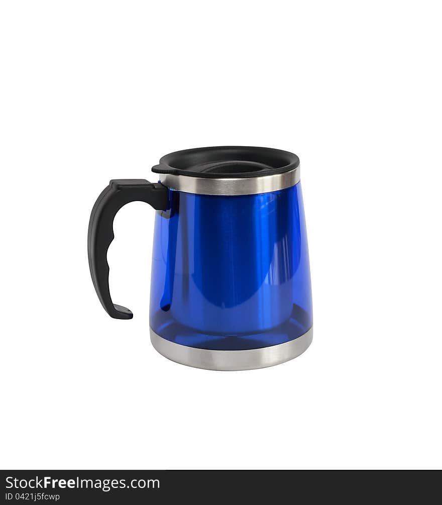 Modern blue small thermos isolated on white with clipping path. Modern blue small thermos isolated on white with clipping path