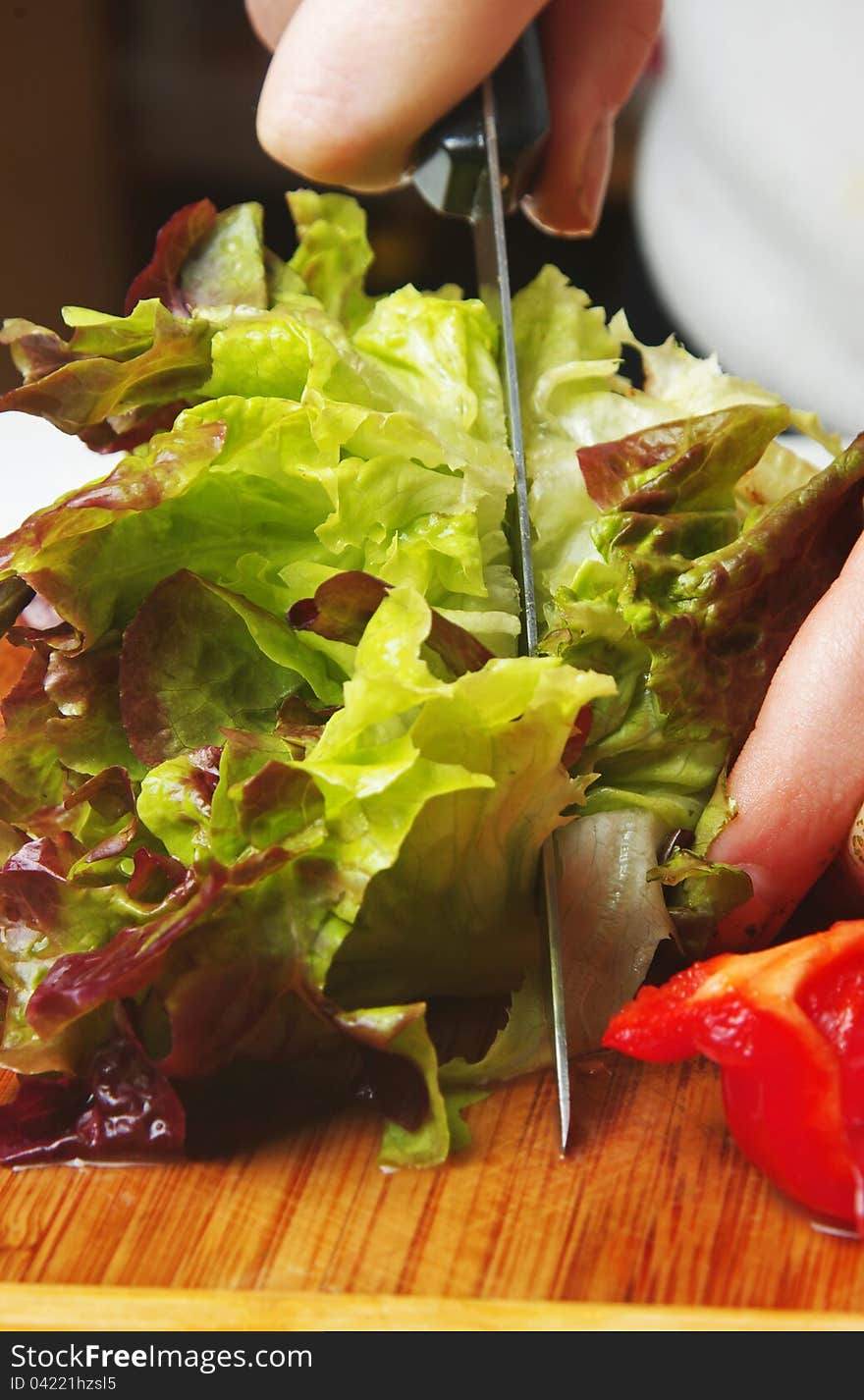 Woman cutting lettuce leaves with knife. Woman cutting lettuce leaves with knife