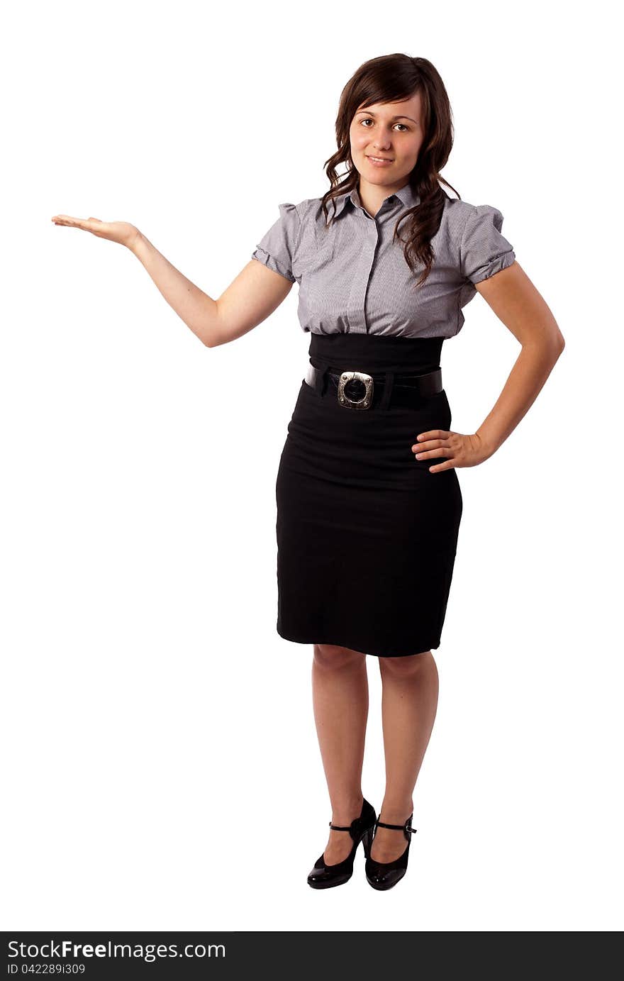 Young atracting girl holding her palm, isolated on white. Young atracting girl holding her palm, isolated on white