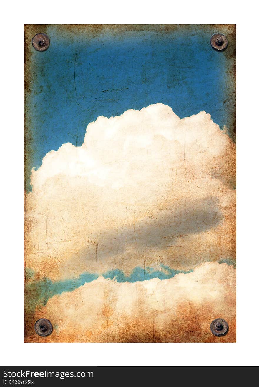 Grunge paper texture with blue sky and clouds