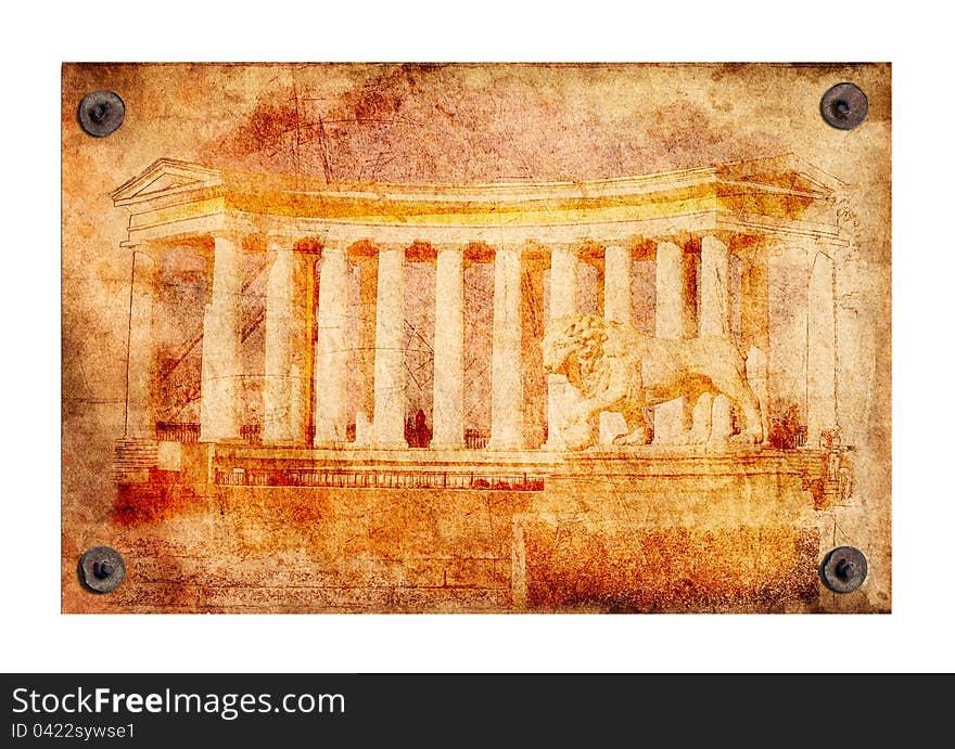 Old grunge antique paper texture of Greek colonnade pattern attached with nails on a white background