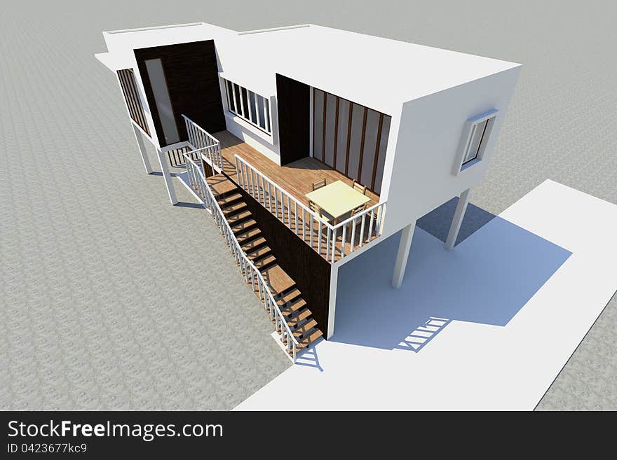 3d Modern house rendered,perspective in bird eye view.