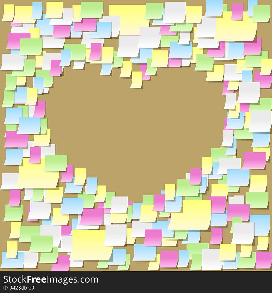 Colorful heart shape made of multiple post it office memo notes on a board vector illustration. Colorful heart shape made of multiple post it office memo notes on a board vector illustration