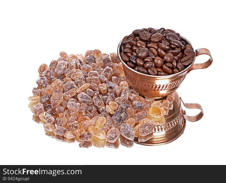 Brown sugar,Coffee beans, coffee cup, isolated white background ,reflection