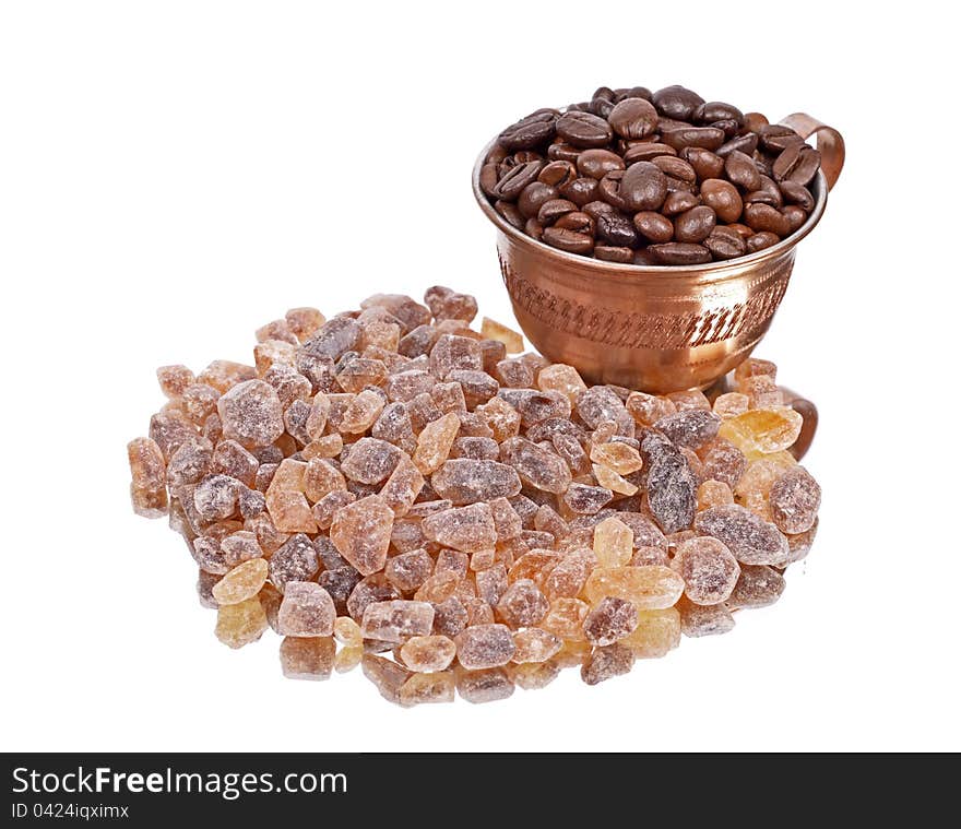 Brown sugar,Coffee beans, coffee cup, isolated white background ,reflection