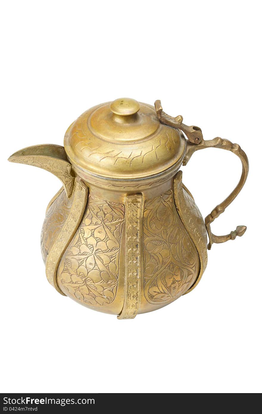 Ancient ornamental teapot, jug on white background