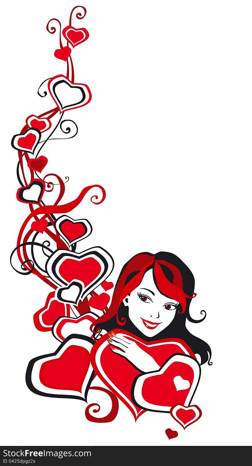 Vector Illustration with hearts, face of pretty girl and curlicues on white  backgroundrn. Vector Illustration with hearts, face of pretty girl and curlicues on white  backgroundrn