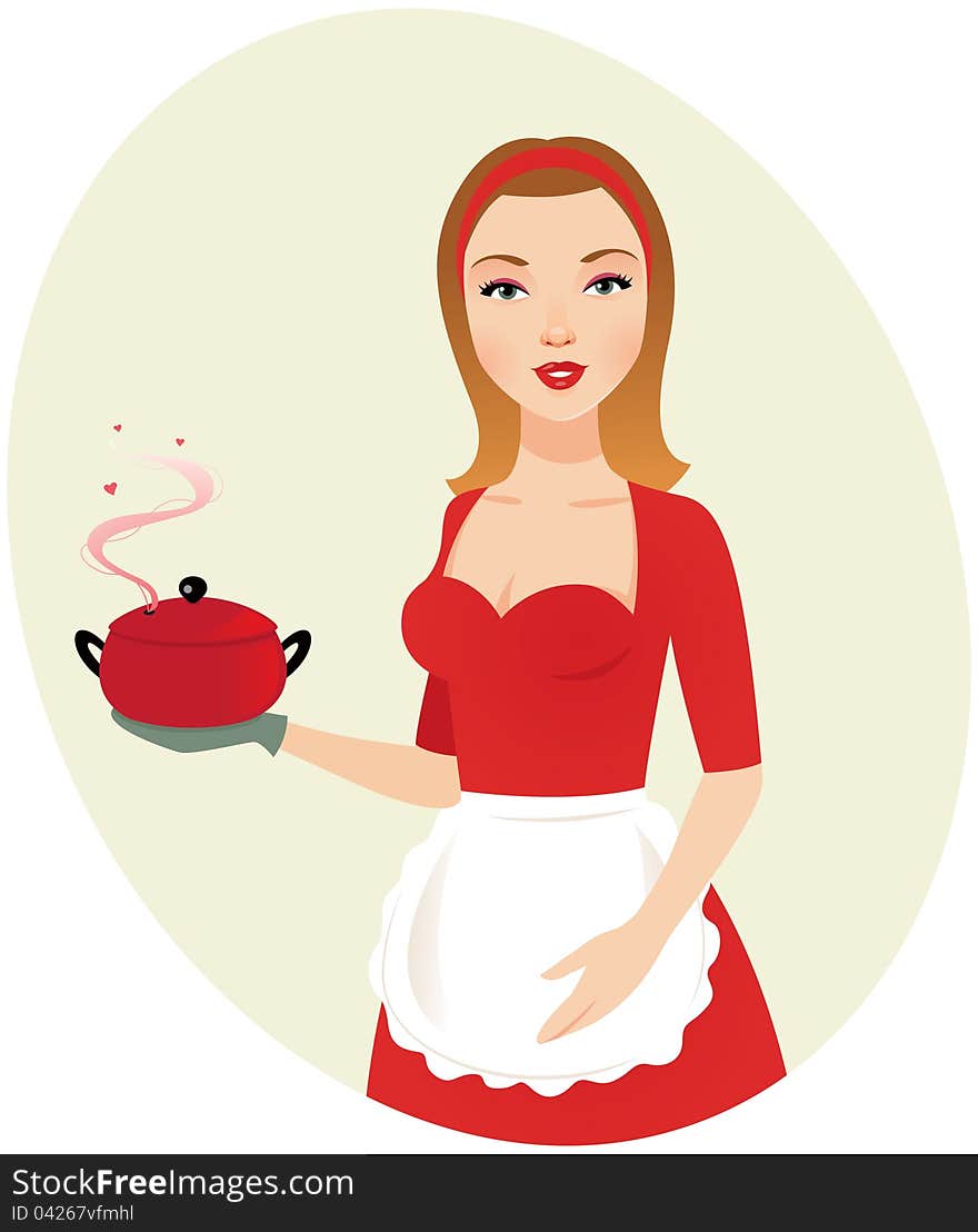 Beautiful girl cook in evening dress and an apron with cooked a romantic dinner. Beautiful girl cook in evening dress and an apron with cooked a romantic dinner.