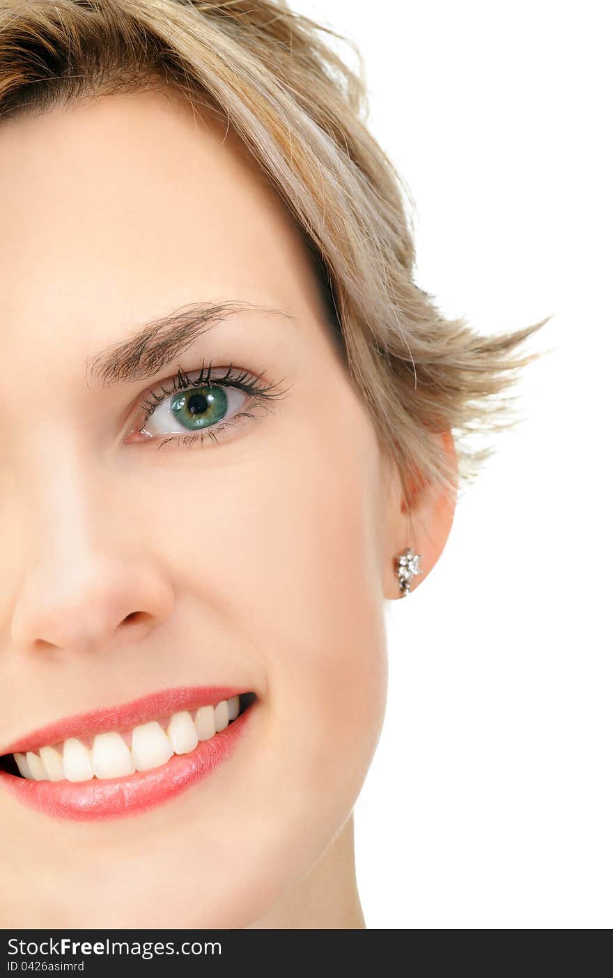 Close-up of a young beautiful caucasian blonde woman isolated over white background, developed from Raw. Close-up of a young beautiful caucasian blonde woman isolated over white background, developed from Raw