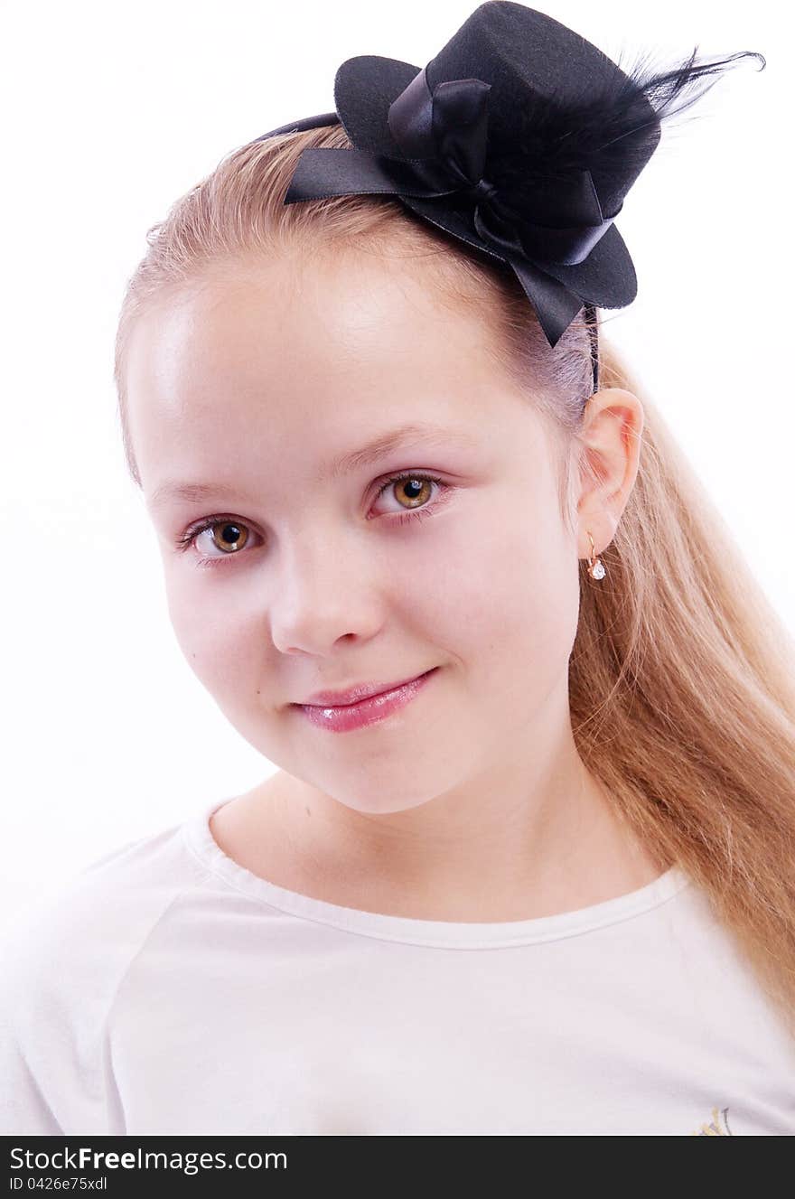 Portrait of a girl in black hat. Portrait of a girl in black hat