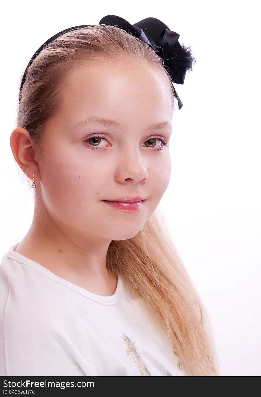 Portrait of  a girl in black hat. Portrait of  a girl in black hat