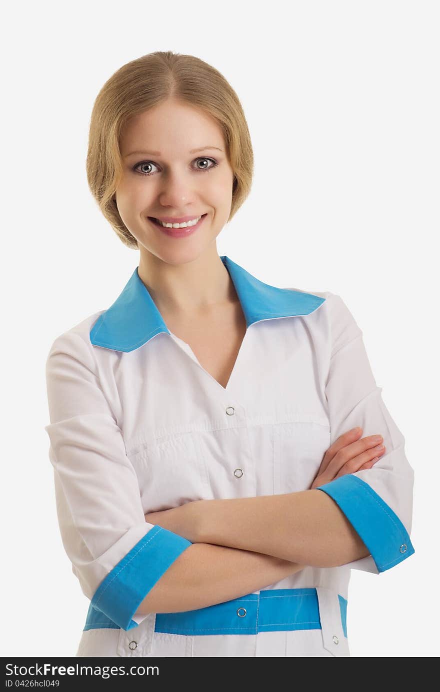 Beautiful young nurse on white background