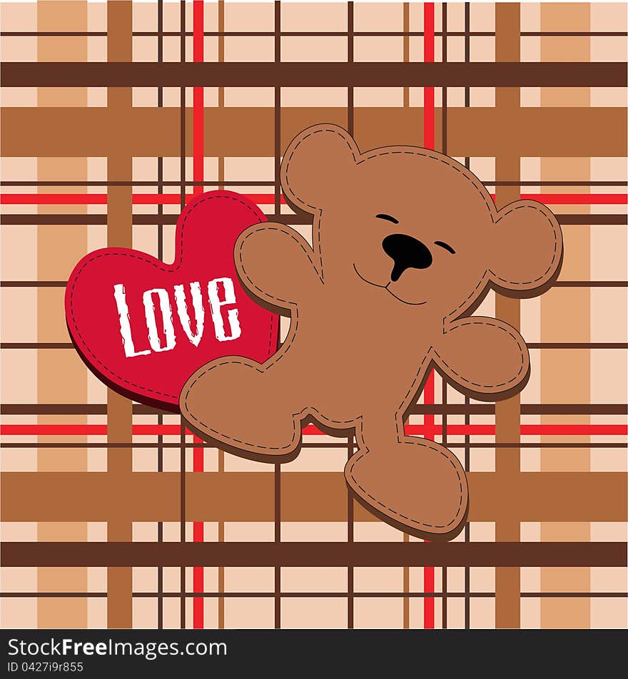 Bear with heart on the background of striped fabric