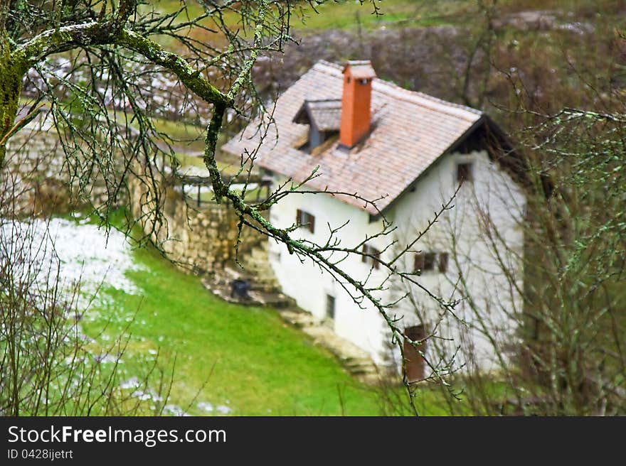 Winter landscape with a white country house behind the net of tree branches. Winter landscape with a white country house behind the net of tree branches.