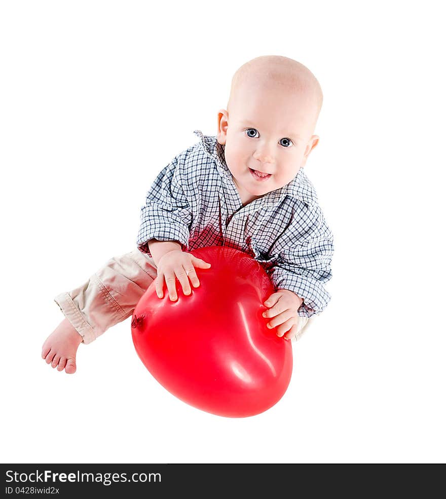 Valentine's day baby boy holding red heart shaped balloon. Valentine's day baby boy holding red heart shaped balloon