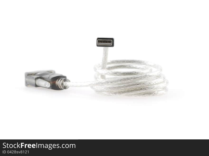 USB to serial cable on white background.  USB to serial cable on white background