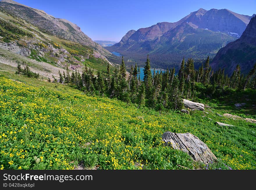 A shot of Grinnell Valley with Lower Grinnell Lake visible and Lake Josephine faintly visible in the far distance. A shot of Grinnell Valley with Lower Grinnell Lake visible and Lake Josephine faintly visible in the far distance.