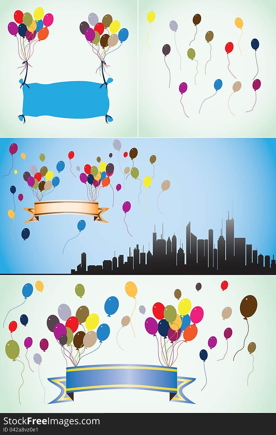 Colorful Balloons, Blank Banners And Ribbons.