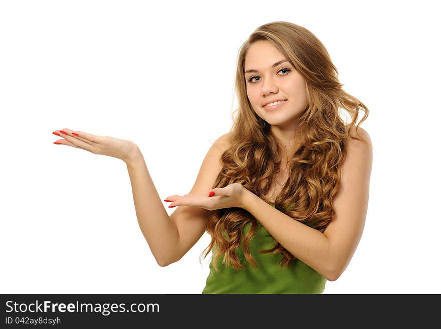 Woman presenting something imaginary over white. Woman presenting something imaginary over white