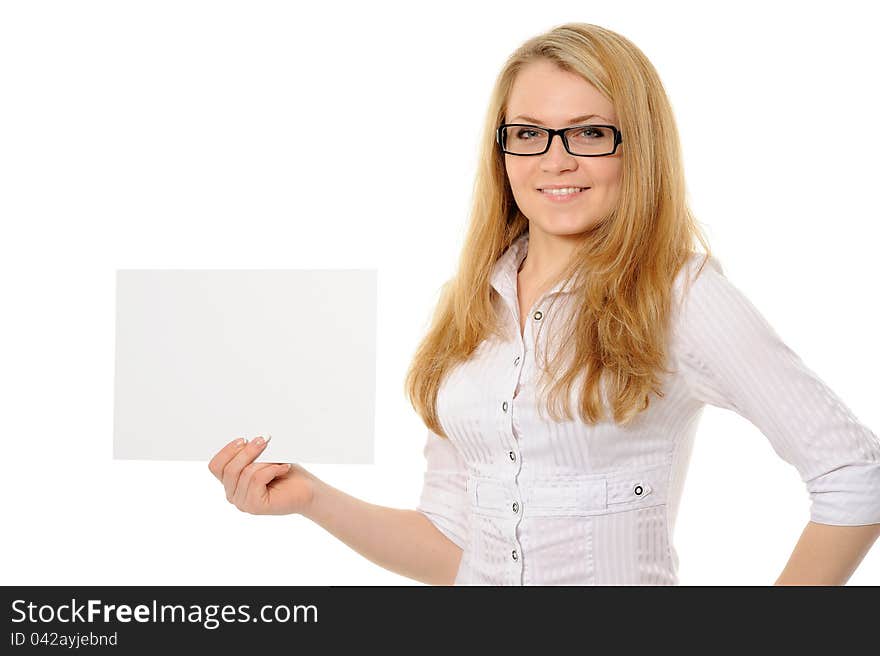 Young woman holding empty white board on a white background