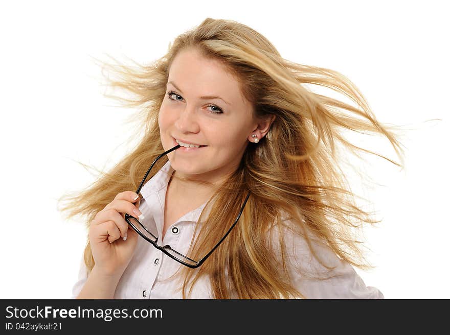 Girl with hair fluttering in the wind