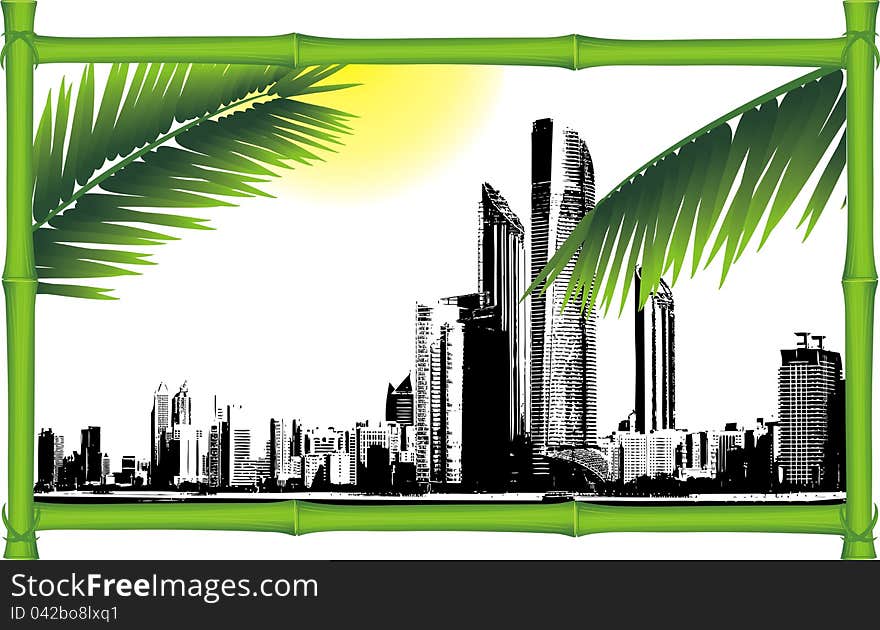 Panorama of city in the decorative bamboo frame