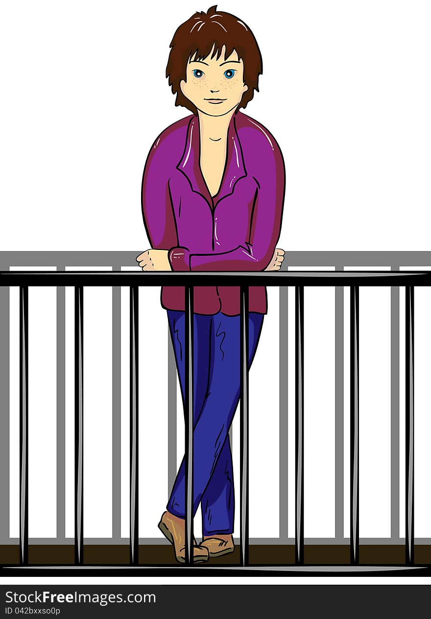 Image of a boy on a white background, which is based on the railing.