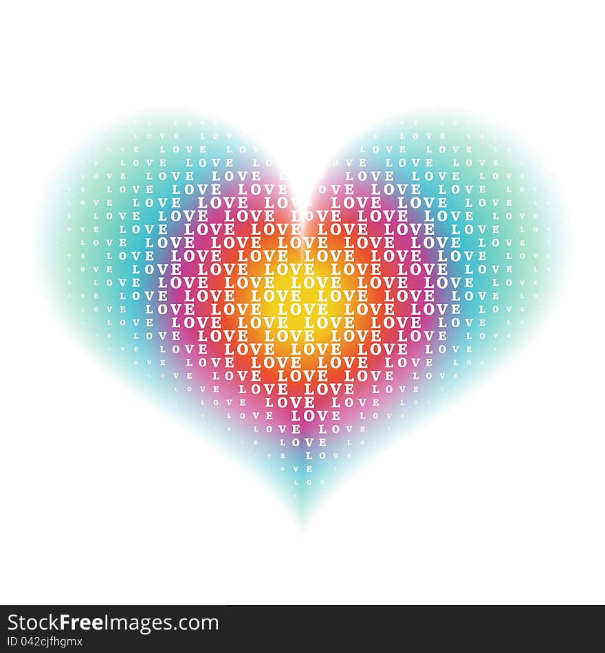 love word characters on gradient rainbow heart shape background. love word characters on gradient rainbow heart shape background