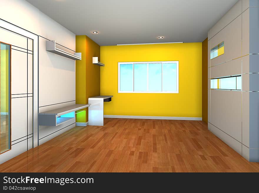 Empty interior for bedroom with yellow wall.