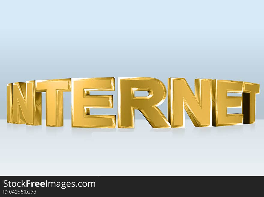 3d gold Internet word, symbol on light blue background.