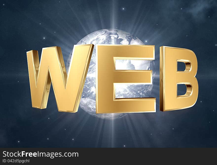 3d gold Web word, internet symbol and space background.