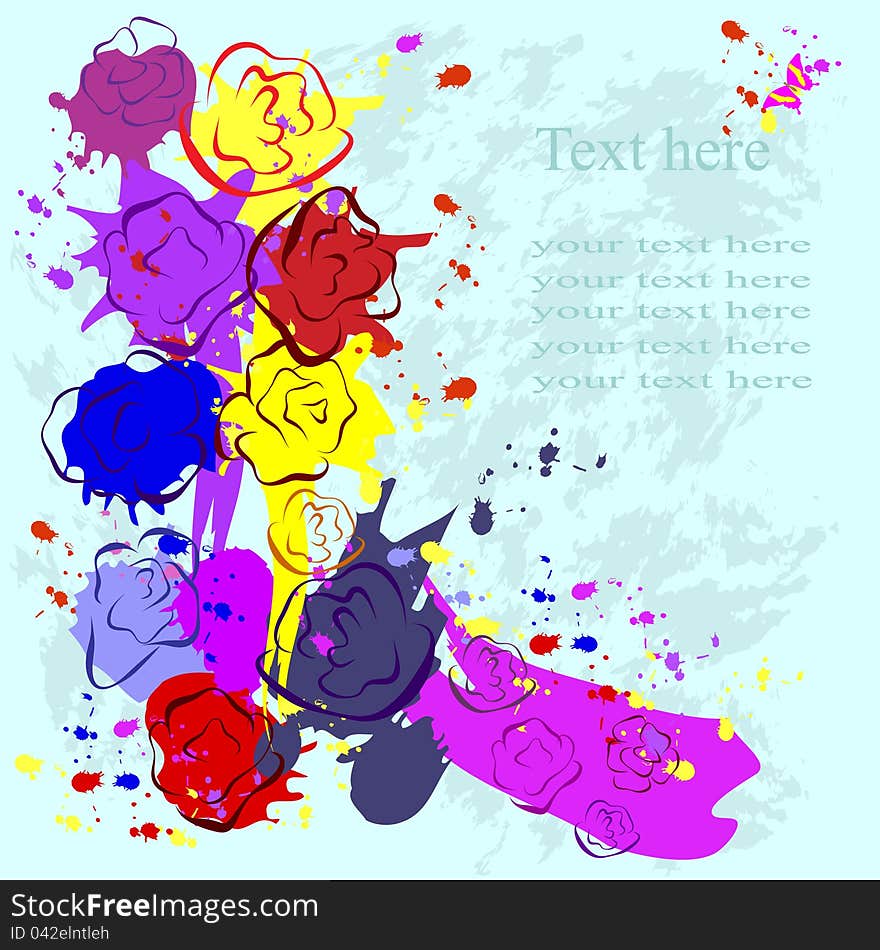 Bright flowers with color blots and butterfly. Bright flowers with color blots and butterfly