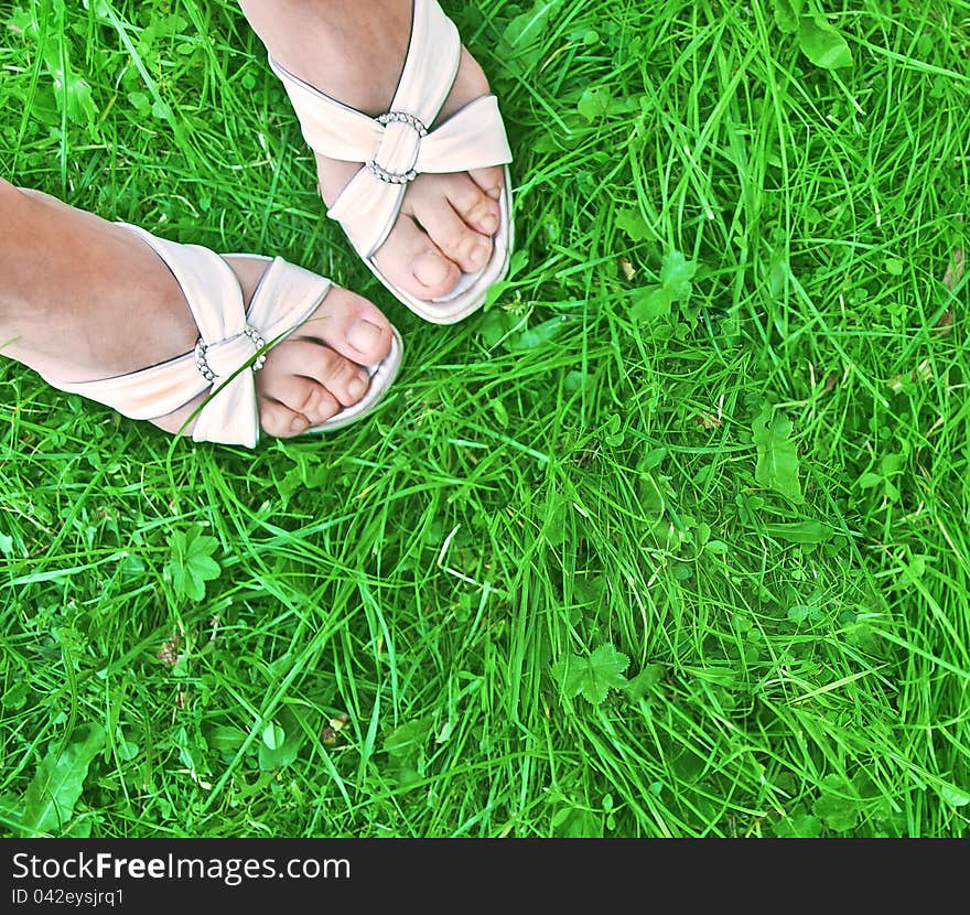 Female foots on wild grass