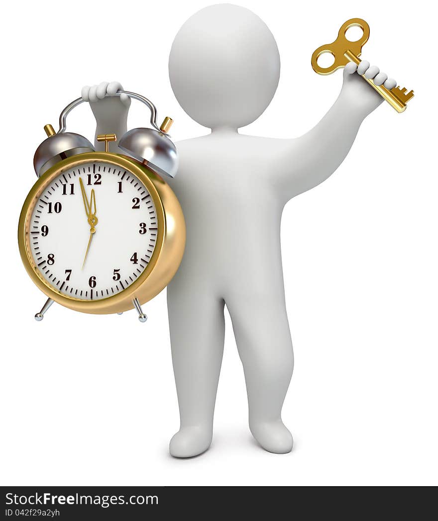 People with an alarm clock and a key, on a white background, 3d render