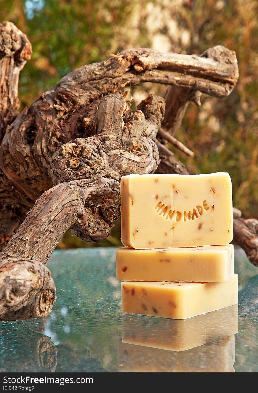 Hand-made lavender soap still life in the nature