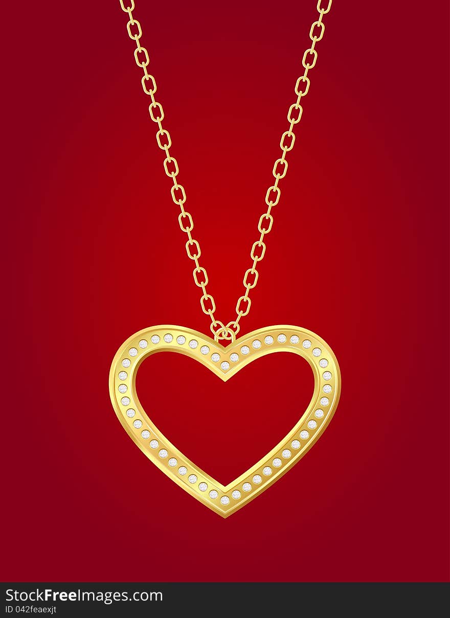 Necklace with golden heart and brilliants on a red background