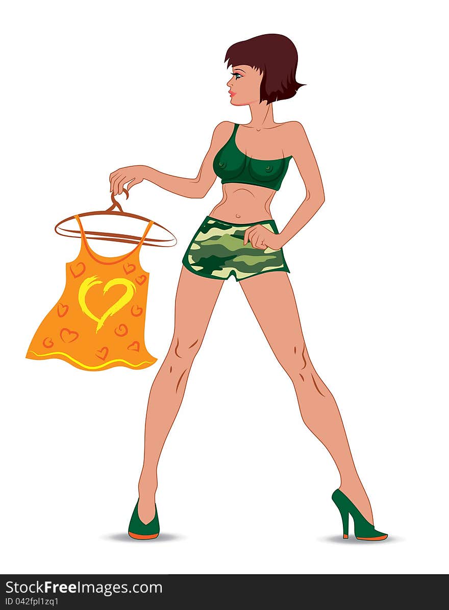 Vector girl in camouflage shorts. Vector girl in camouflage shorts