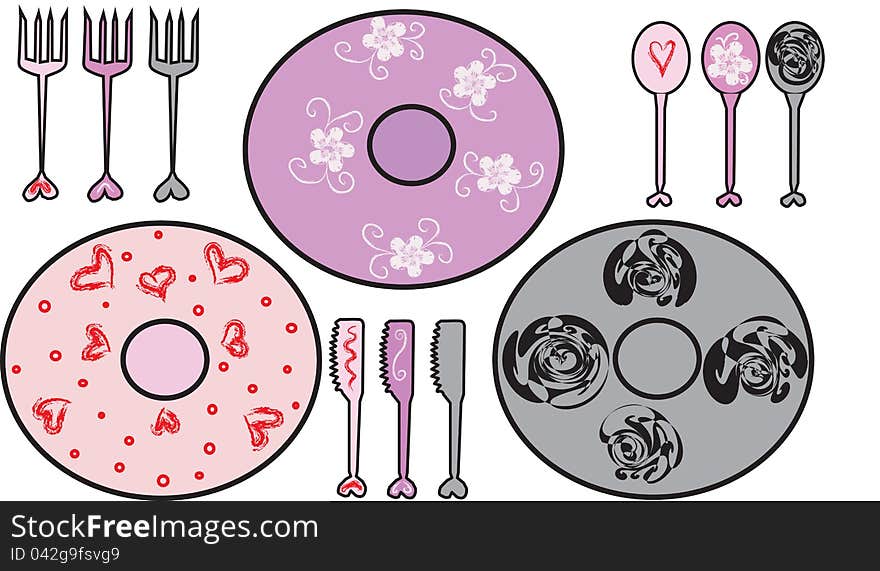 Three dishes of different color with varicoloured forks, spoons and knives. Three dishes of different color with varicoloured forks, spoons and knives