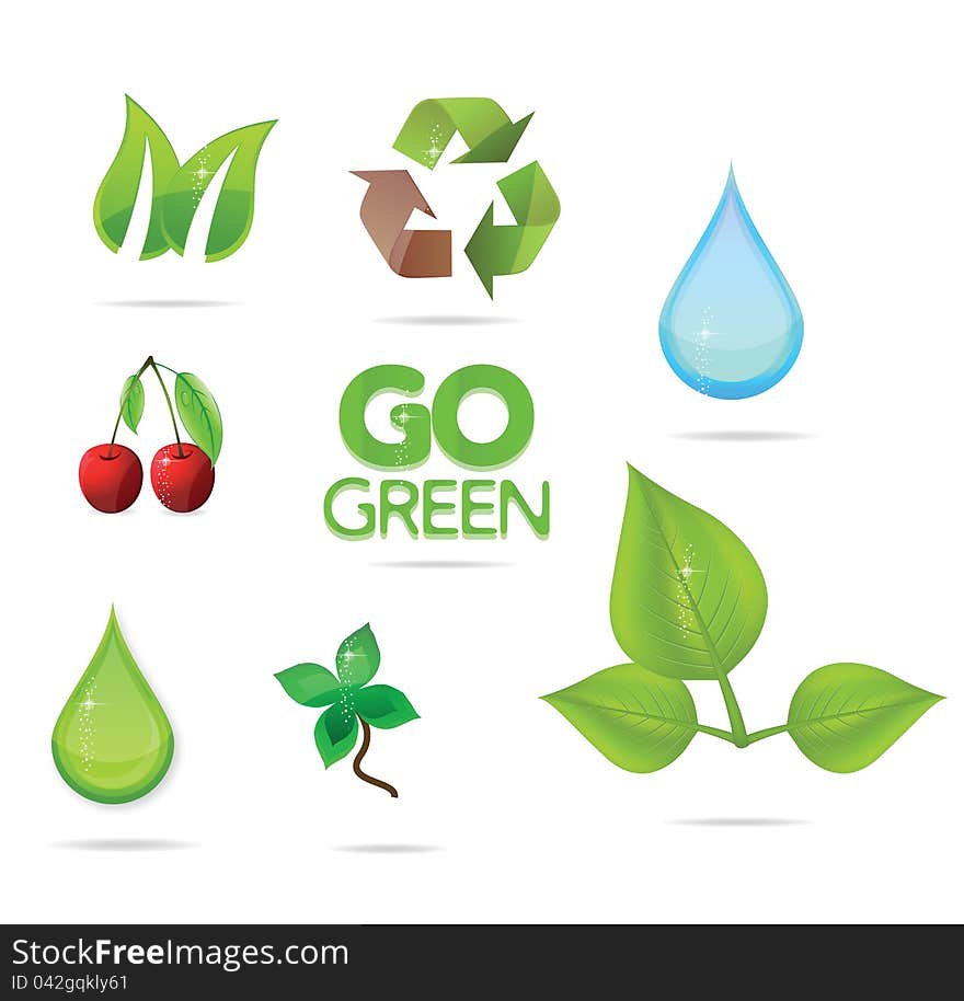 Glass green and eco symbols set isolated