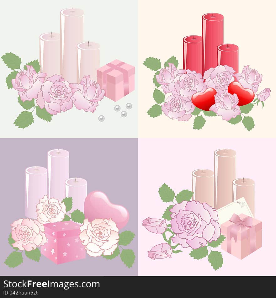 Four vector Valentine`s day backgrounds with roses and candles. Four vector Valentine`s day backgrounds with roses and candles