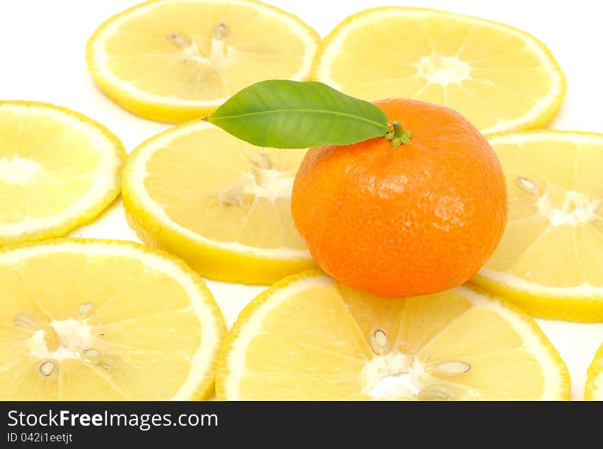 A tangerine with a green leaf on lemon slices against a white background. A tangerine with a green leaf on lemon slices against a white background