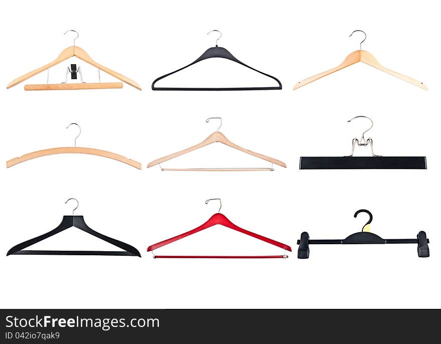 Different cloth hangers isolated on white